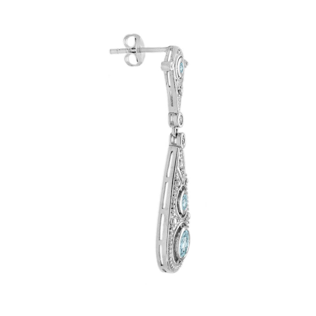 Blue Aquamarine &amp; Diamond Edwardian Style Filigree Drop 18K White Gold Earrings