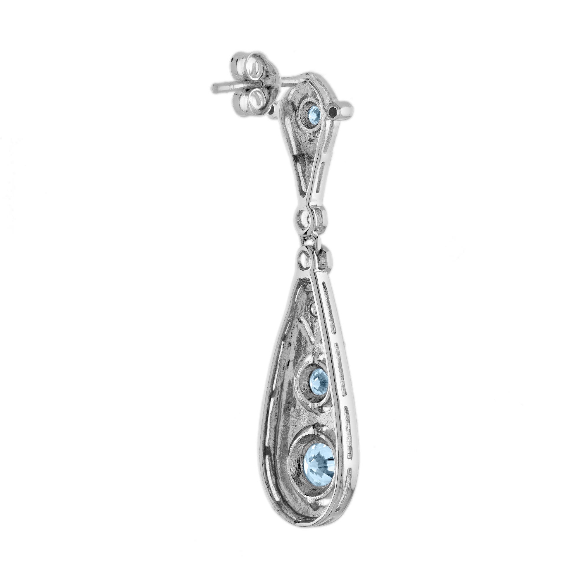 Blue Aquamarine &amp; Diamond Edwardian Style Filigree Drop 18K White Gold Earrings