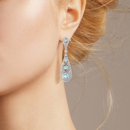 Blue Aquamarine &amp; Diamond Edwardian Style Filigree Drop 18K White Gold Earrings