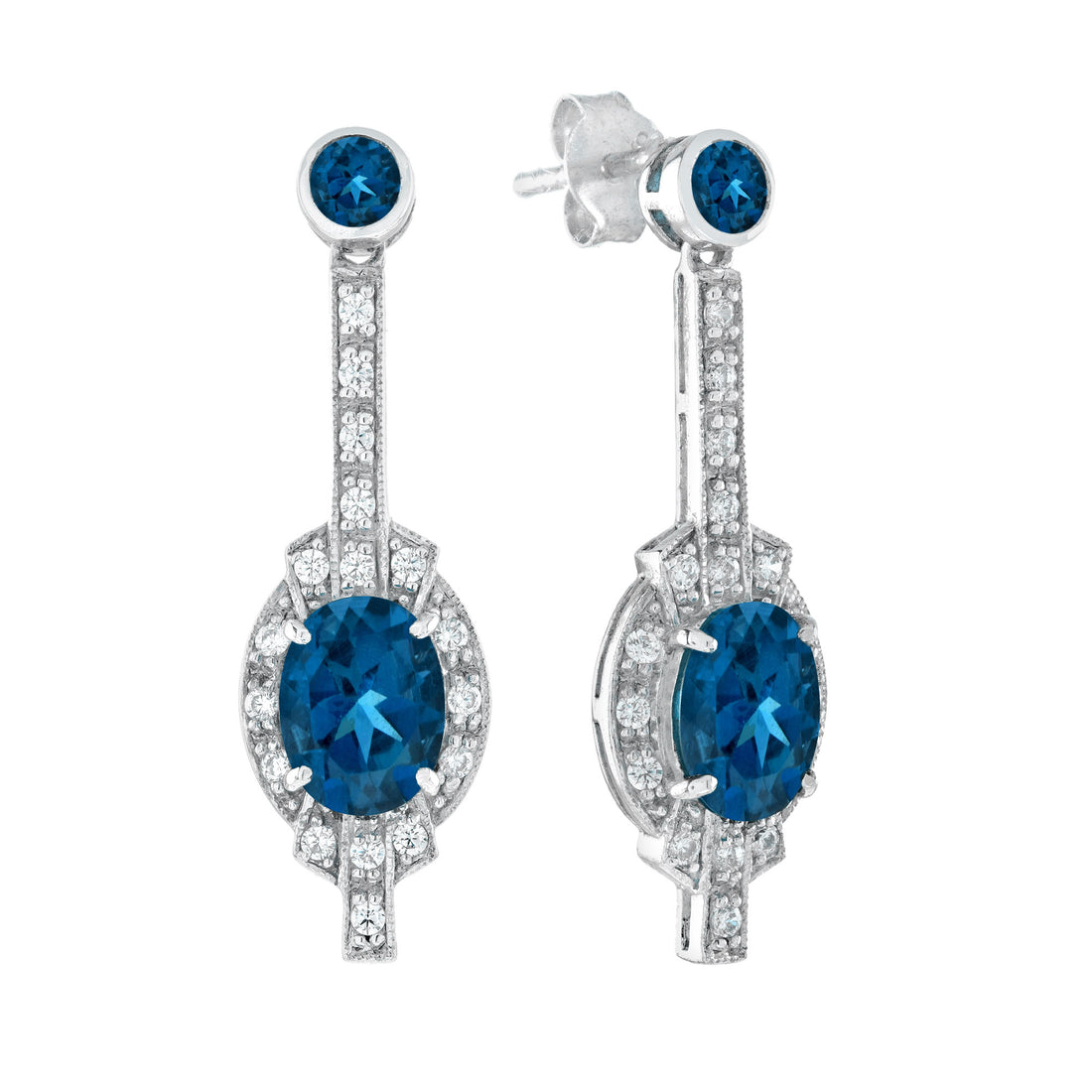 Dark London Blue Topaz & Diamond Dangle Style Drop 18K White Gold Earrings