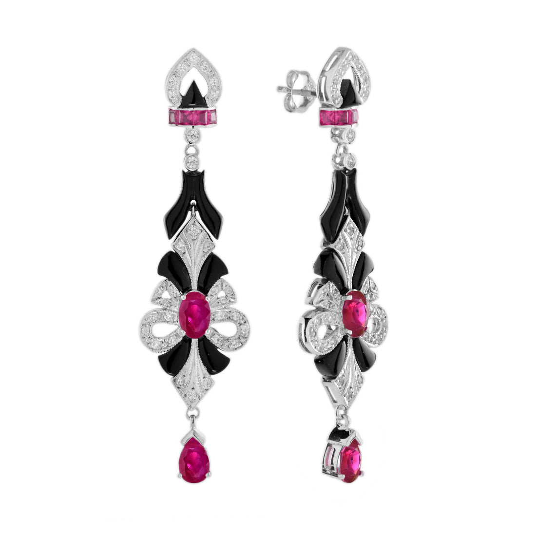 Ruby Onyx Diamond Art Deco Style Drop 14K White Gold Earrings