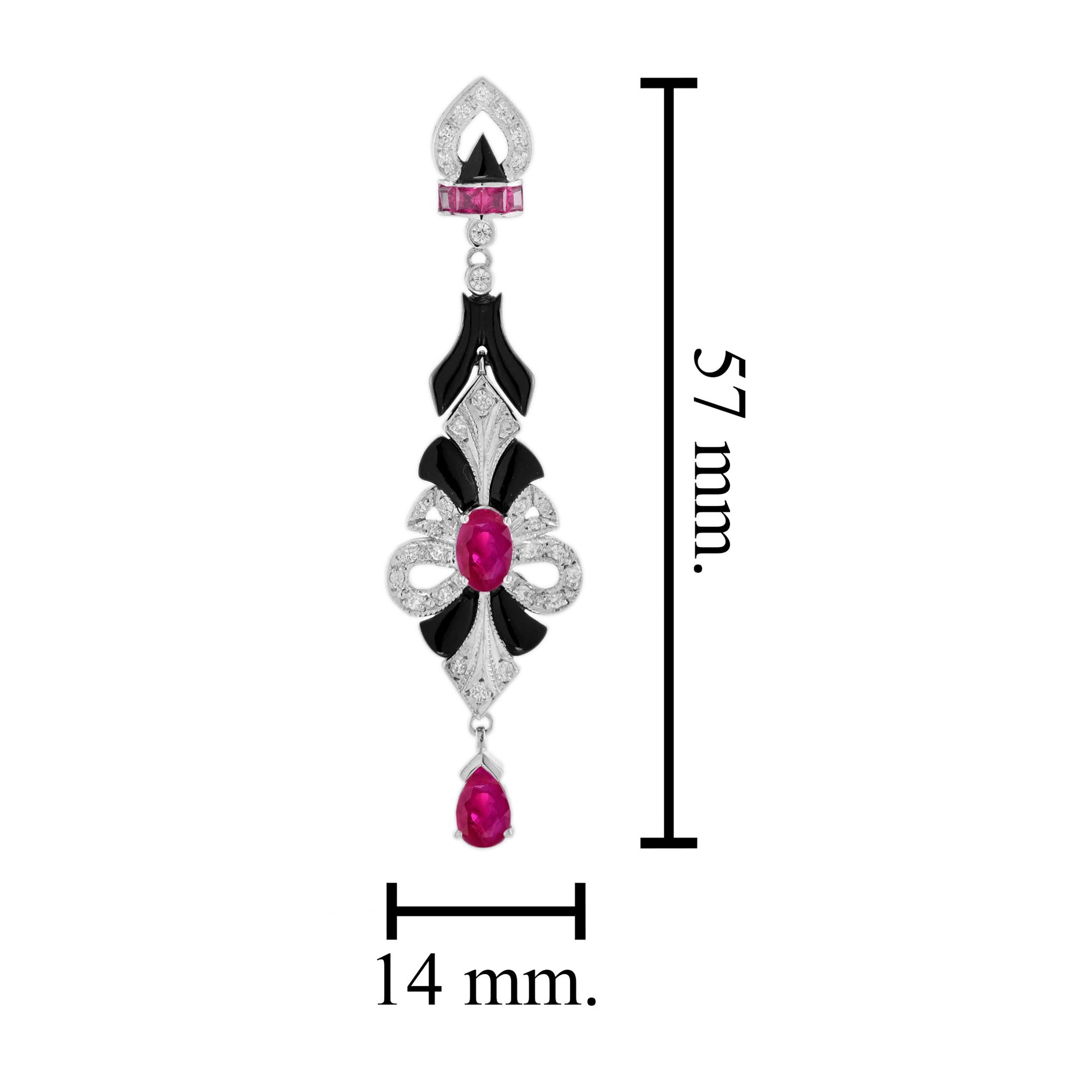 Ruby Onyx Diamond Art Deco Style Drop 14K White Gold Earrings