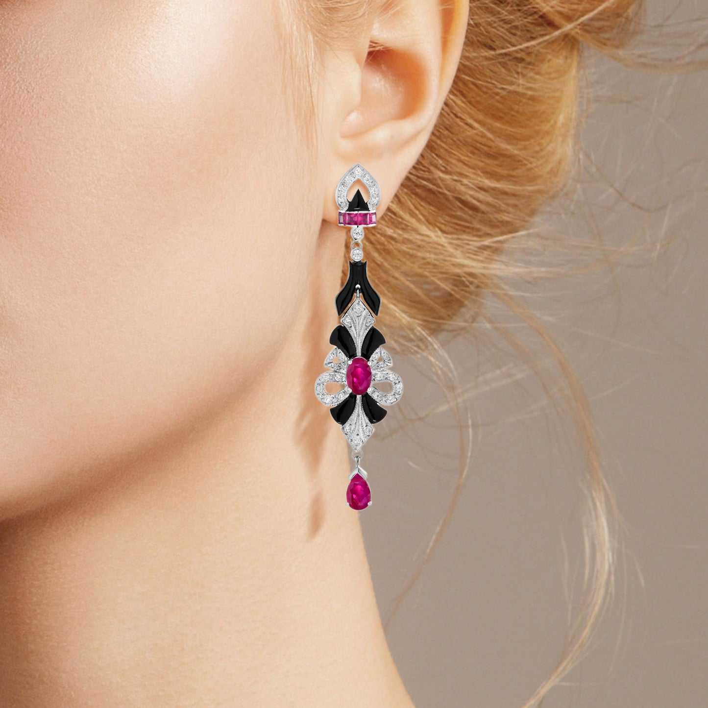 ruby onyx diamond art deco style drop 14k white gold earrings