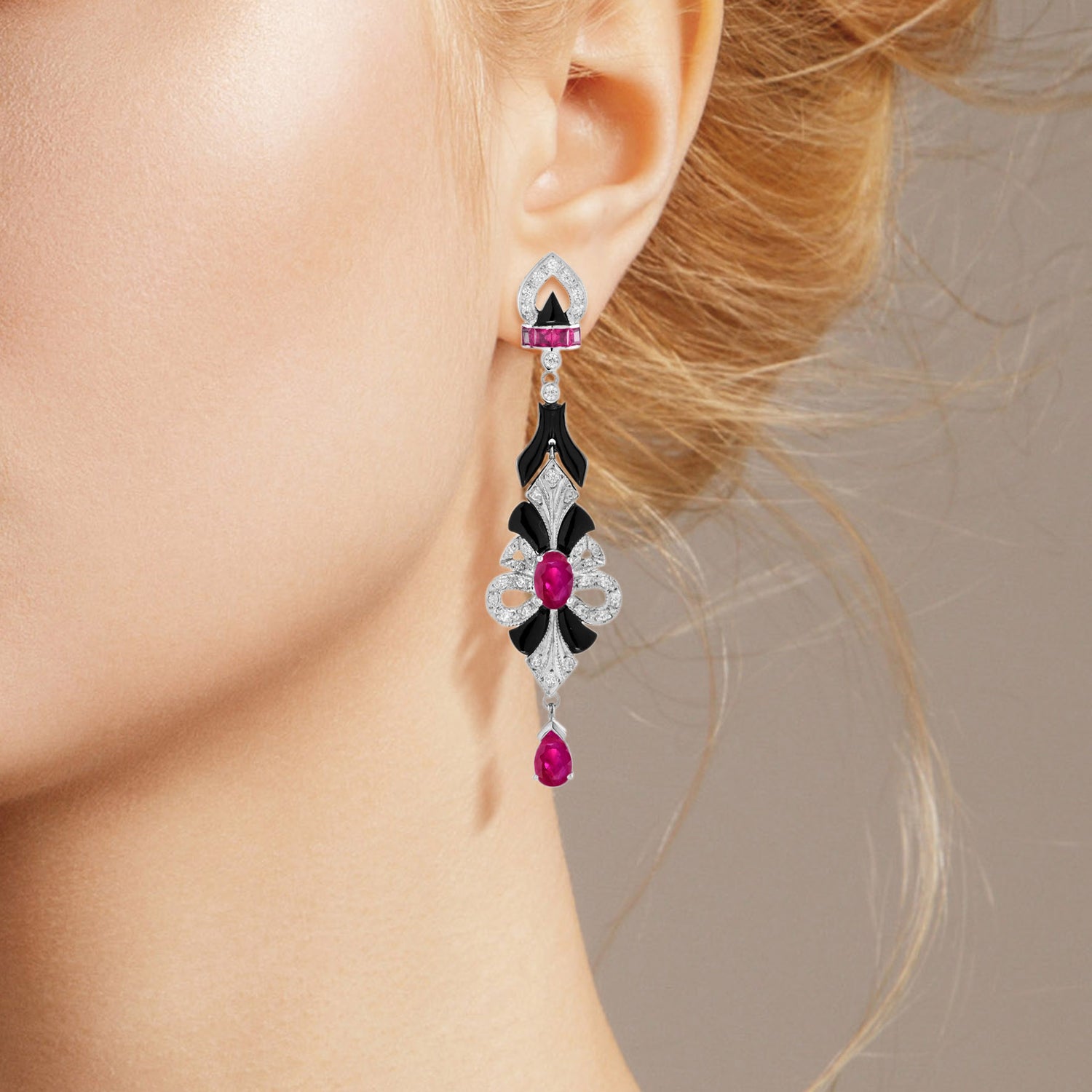 Ruby Onyx Diamond Art Deco Style Drop 14K White Gold Earrings