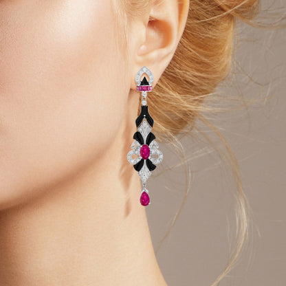 Ruby Onyx Diamond Art Deco Style Drop 14K White Gold Earrings