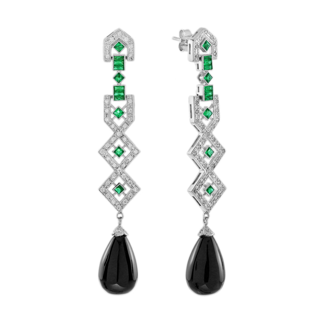 Black Onyx &amp; Diamond Emerald Art Deco Style Drop White Gold Earrings