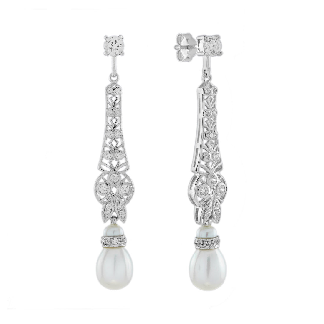 White Pearl & Diamond Vintage Style Drop 14K White Gold Earrings