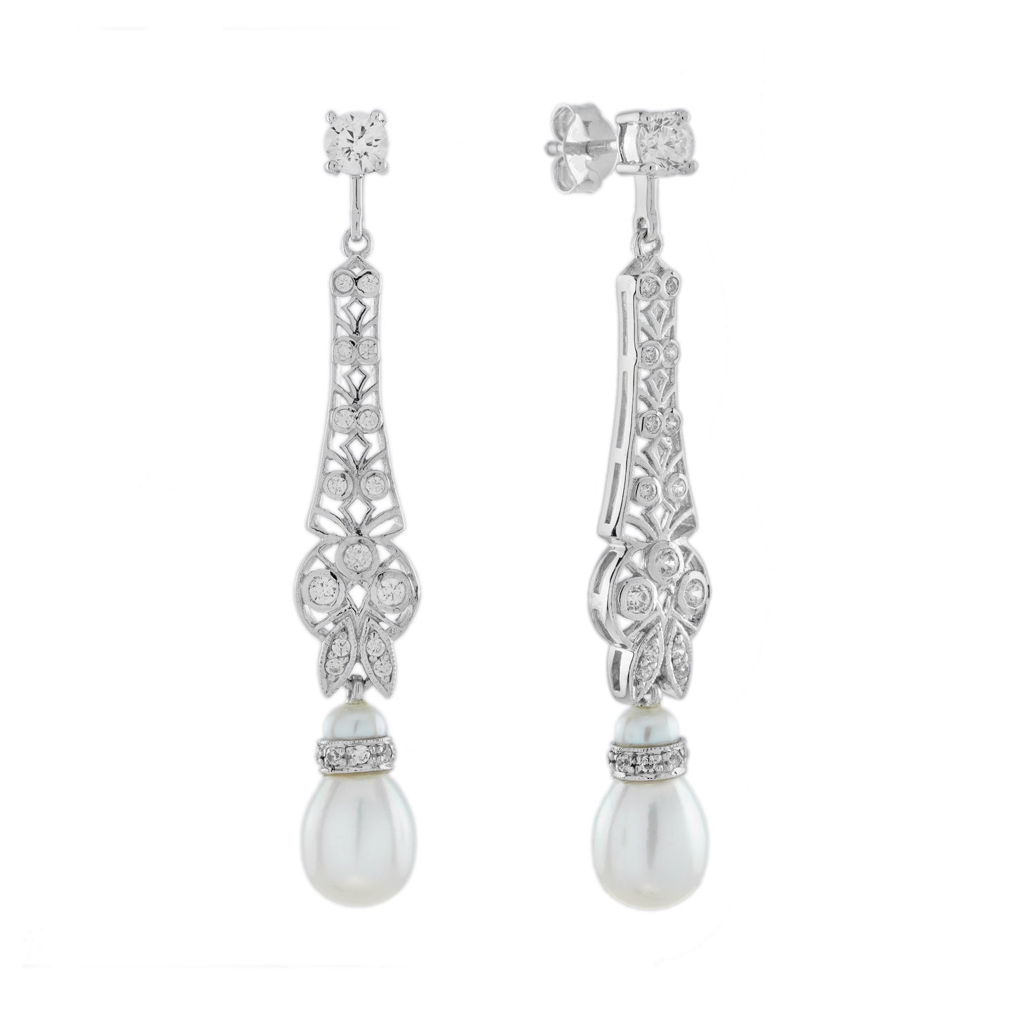 white pearl & diamond vintage style drop 14k white gold earrings