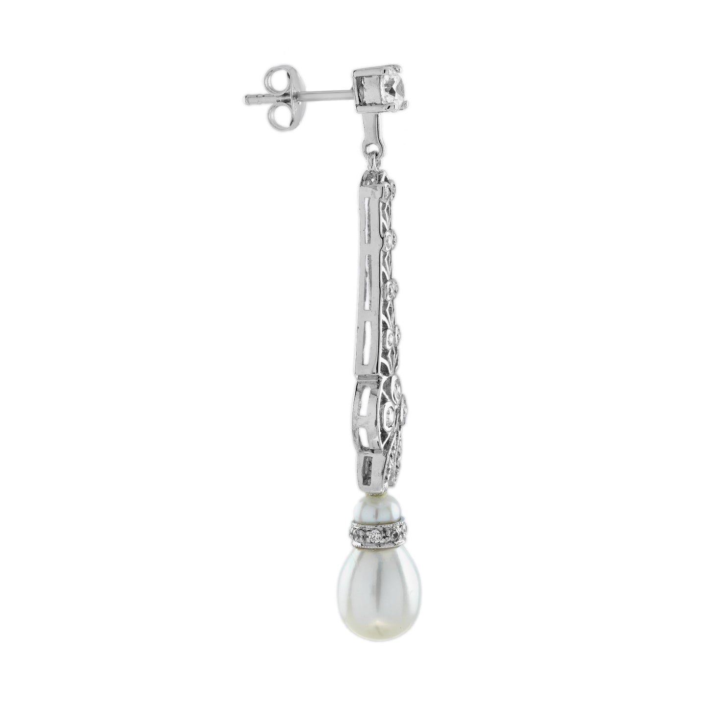 white pearl & diamond vintage style drop 14k white gold earrings