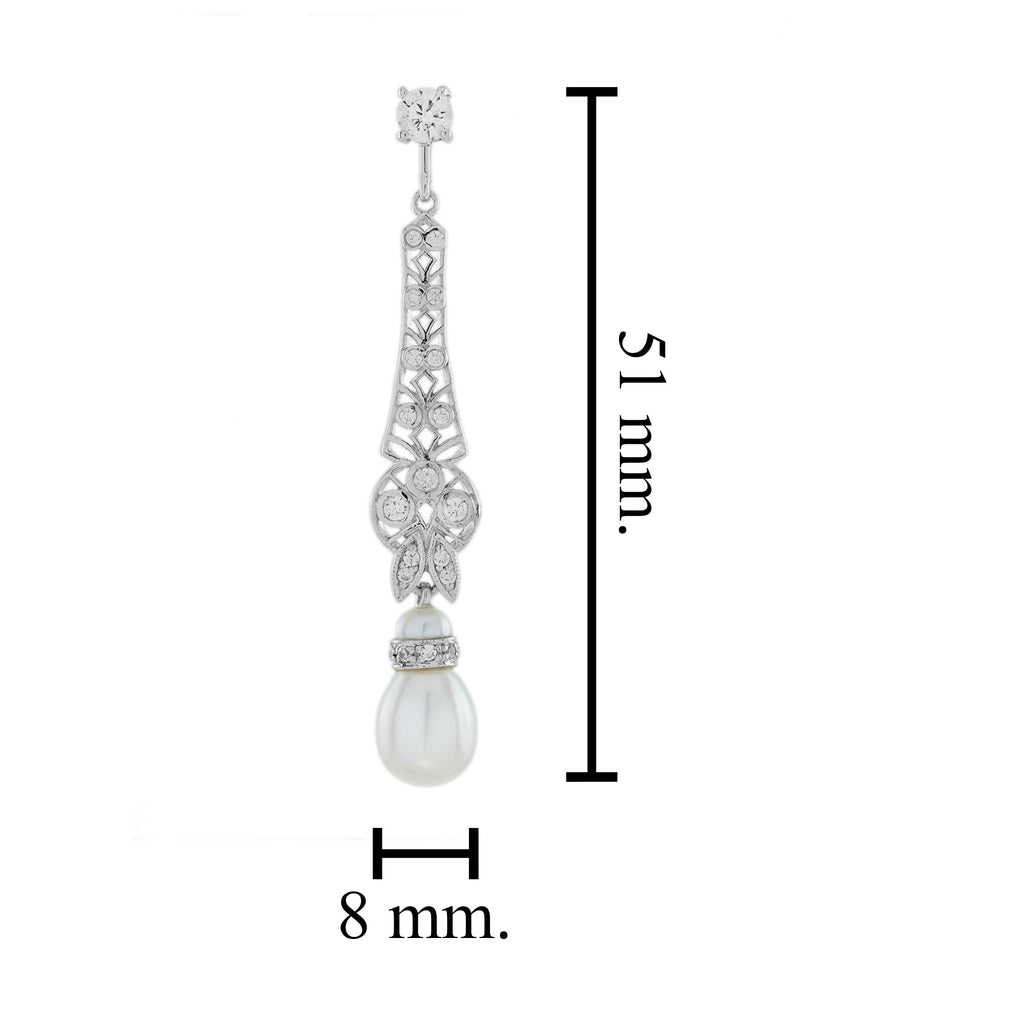 White Pearl & Diamond Vintage Style Drop 14K White Gold Earrings