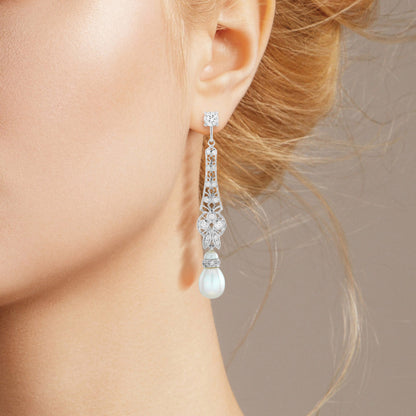 White Pearl & Diamond Vintage Style Drop 14K White Gold Earrings