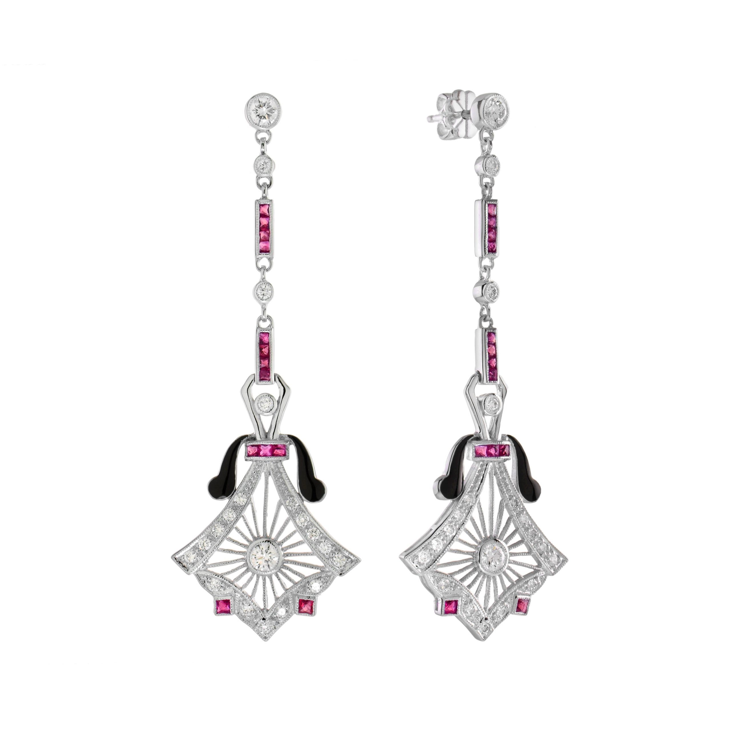 Diamond &amp; Ruby Antique Style Drop 14K White Gold Earrings
