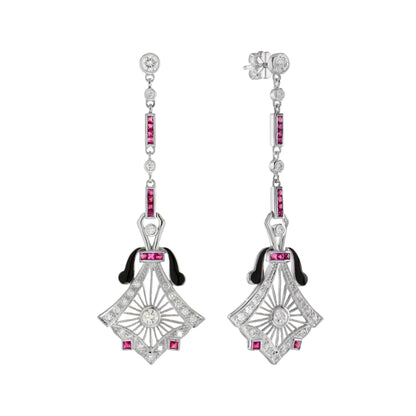 Diamond &amp; Ruby Antique Style Drop 14K White Gold Earrings