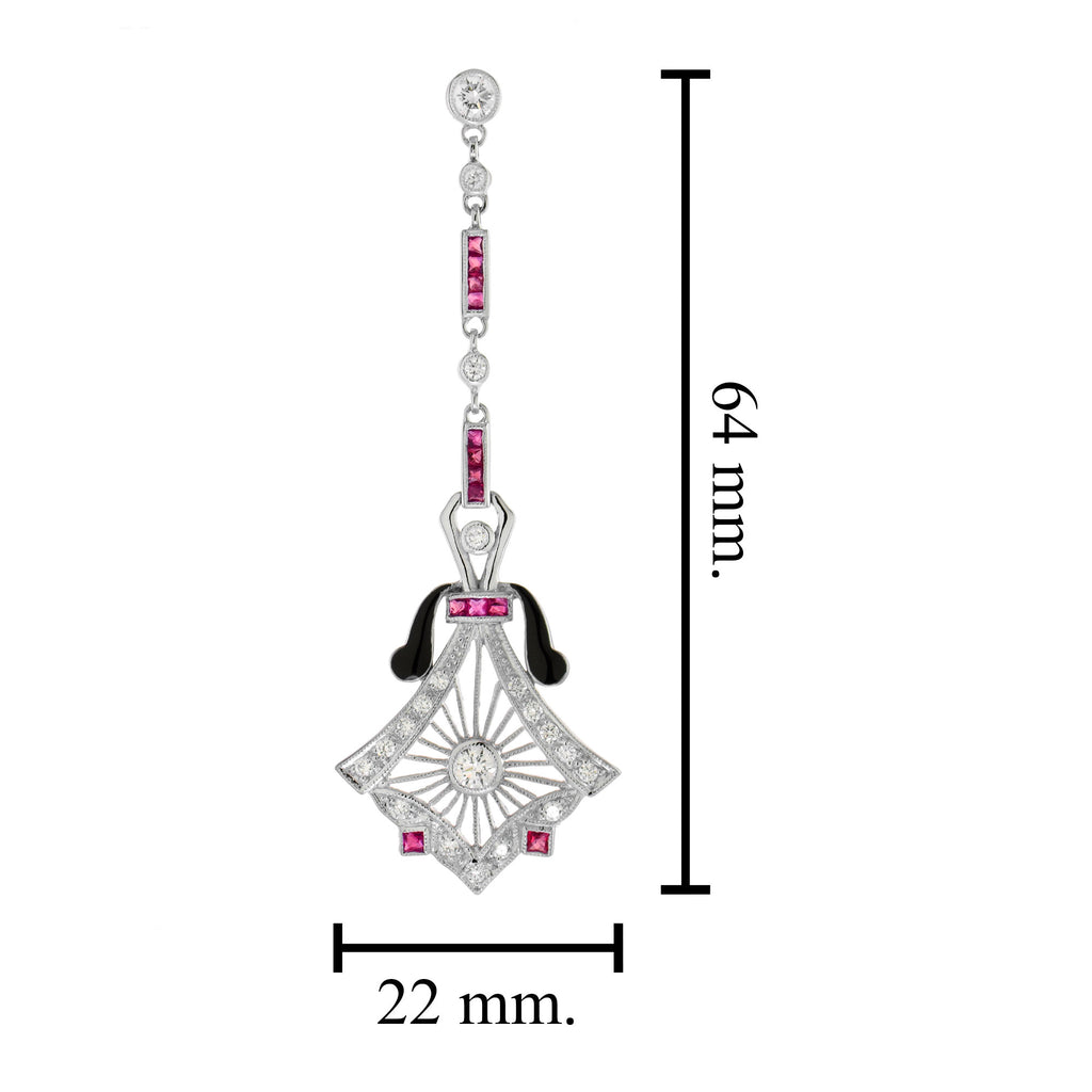 Diamond & Ruby Antique Style Drop 14K White Gold Earrings