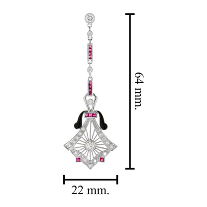 Diamond &amp; Ruby Antique Style Drop 14K White Gold Earrings
