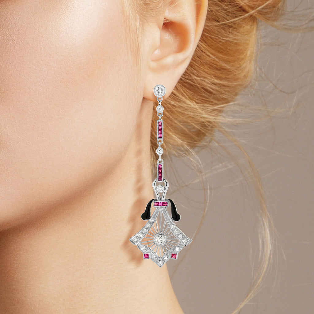 Diamond & Ruby Antique Style Drop 14K White Gold Earrings