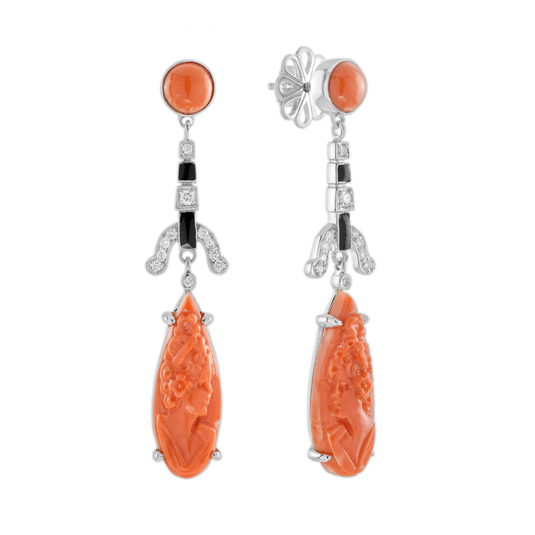 Carved Coral Diamond Emerald &amp; Black Enamel Dangle Art Deco Inspired Earrings