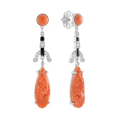 Carved Coral Diamond Emerald &amp; Black Enamel Dangle Art Deco Inspired Earrings