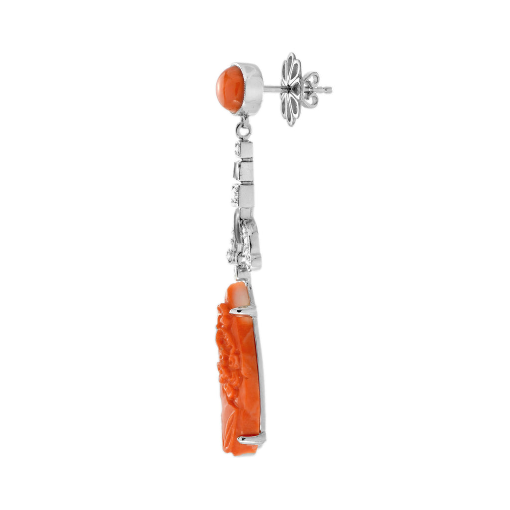 14.37 ctw Art Deco Style Carved Coral & Diamond Dangle Earrings 14K White Gold