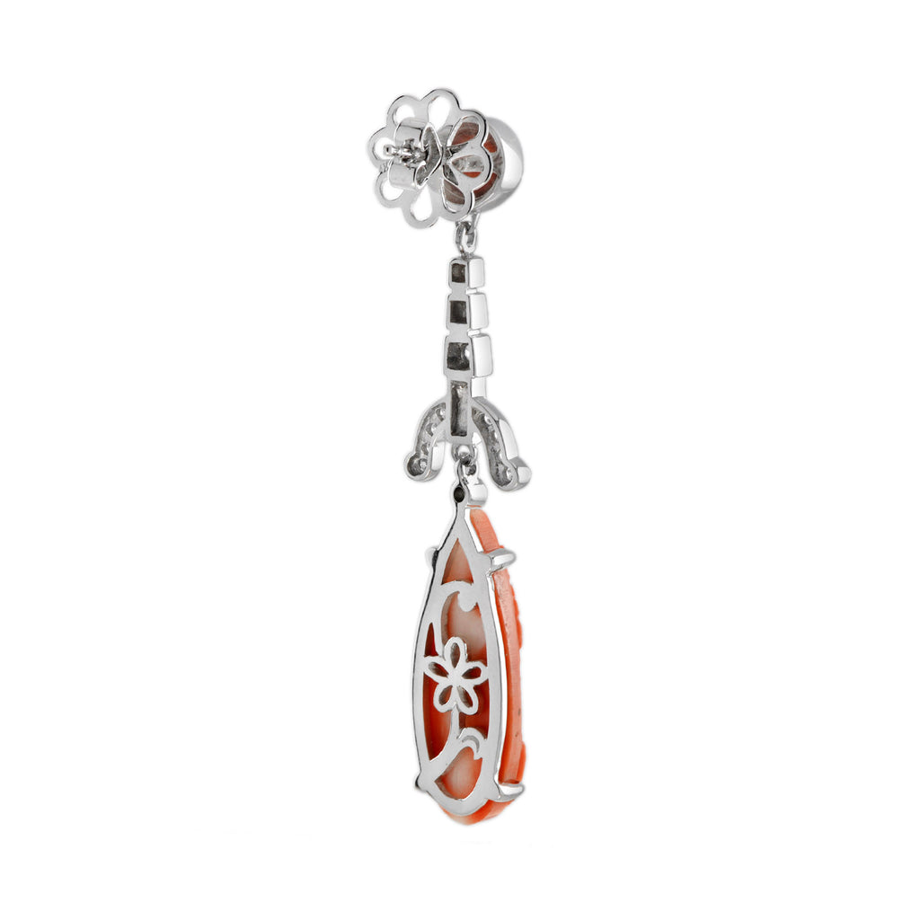 14.37 ctw Art Deco Style Carved Coral & Diamond Dangle Earrings 14K White Gold