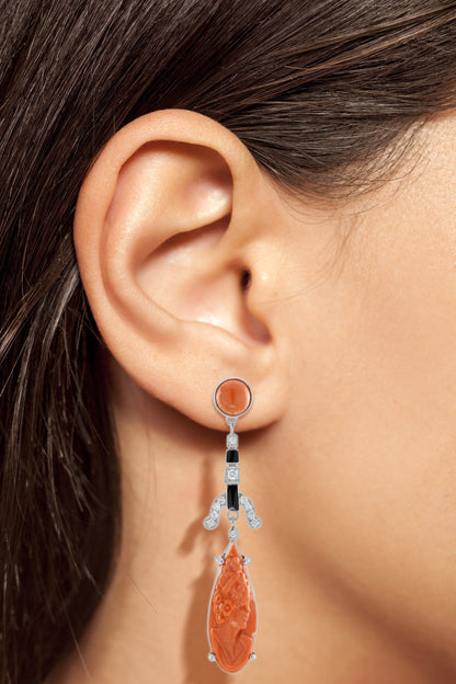 Carved Coral Diamond Emerald &amp; Black Enamel Dangle Art Deco Inspired Earrings