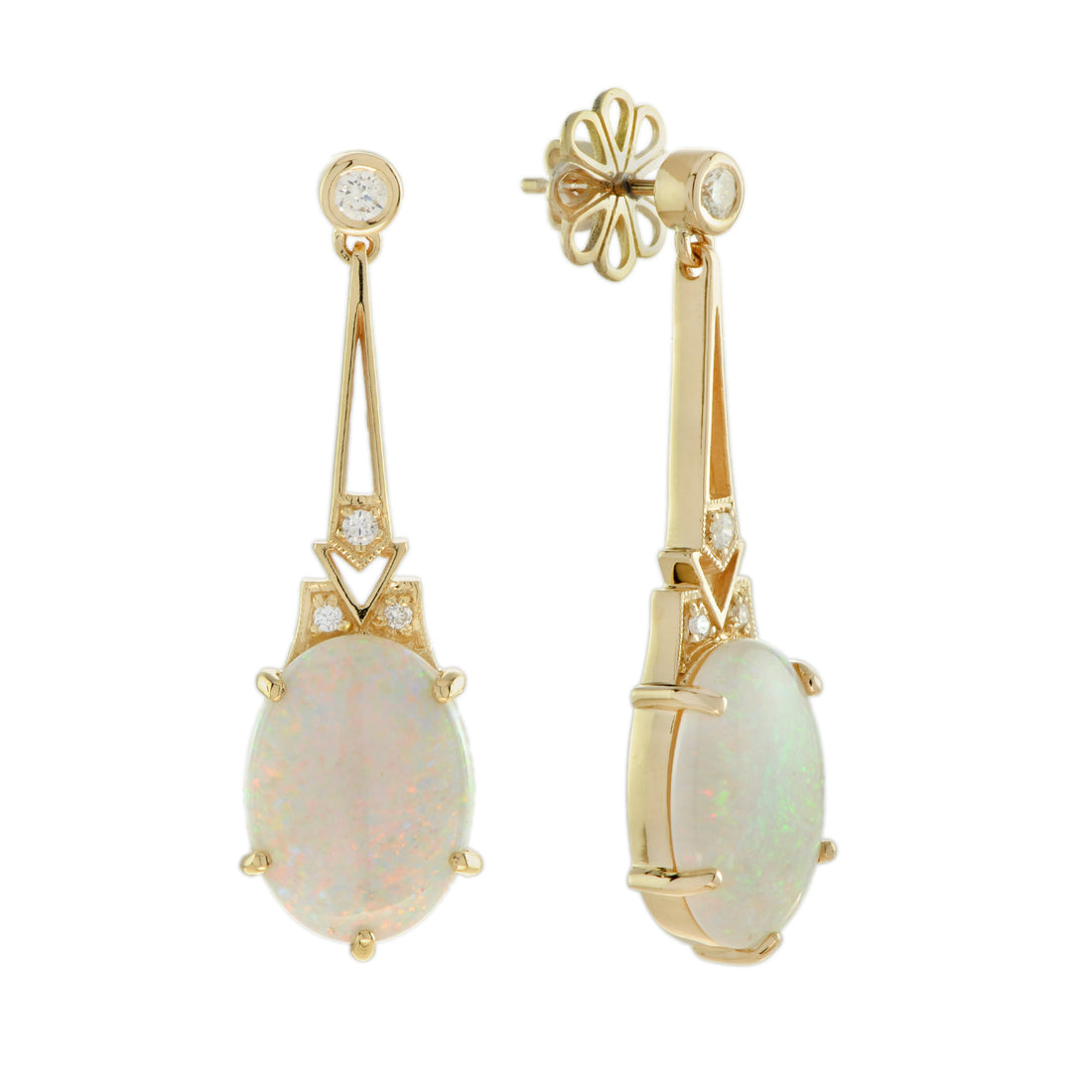 White Opal & Diamond Art Deco Style Drop 18K Yellow Gold Earrings