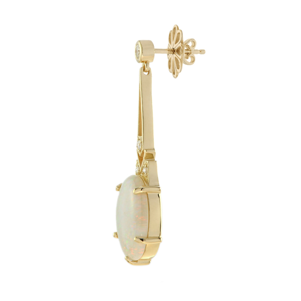 White Opal & Diamond Art Deco Style Drop 18K Yellow Gold Earrings