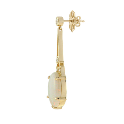 White Opal & Diamond Art Deco Style Drop 18K Yellow Gold Earrings