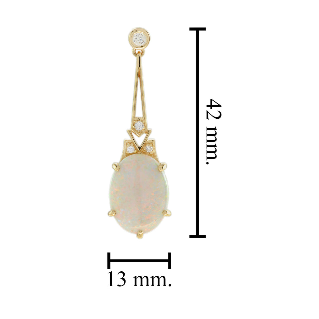 White Opal & Diamond Art Deco Style Drop 18K Yellow Gold Earrings