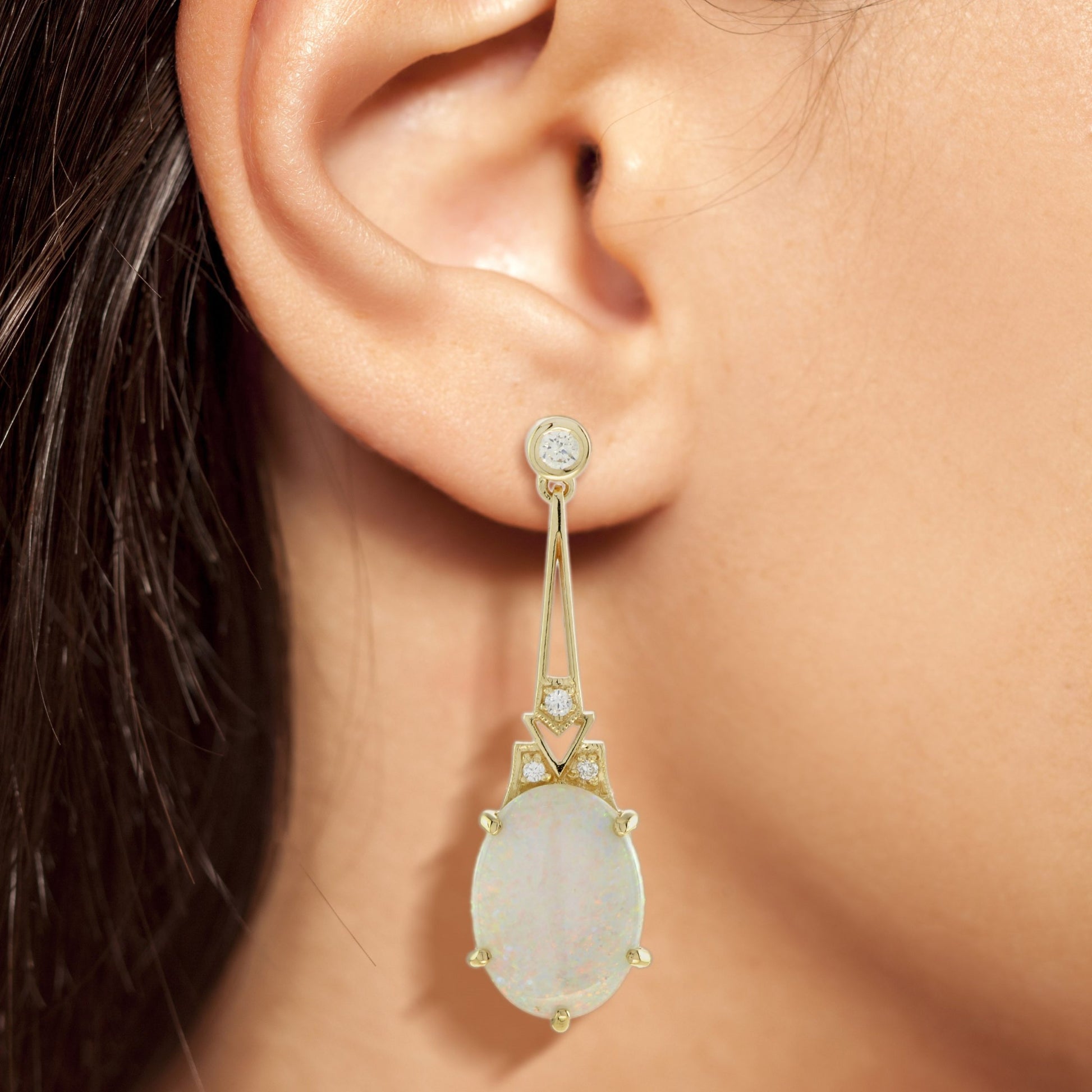 White Opal & Diamond Art Deco Style Drop 18K Yellow Gold Earrings