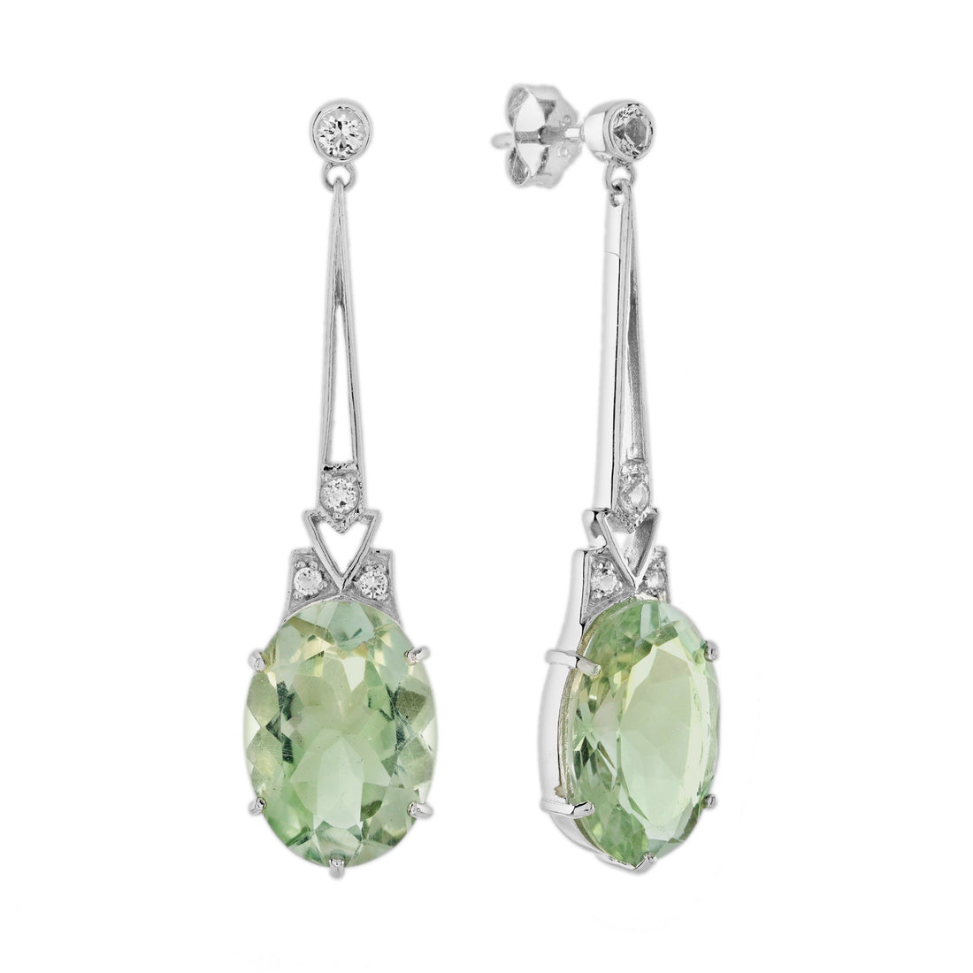 Oval Shape Prasiolite Green Amethyst & White Topaz Drop 14K White Gold Earrings