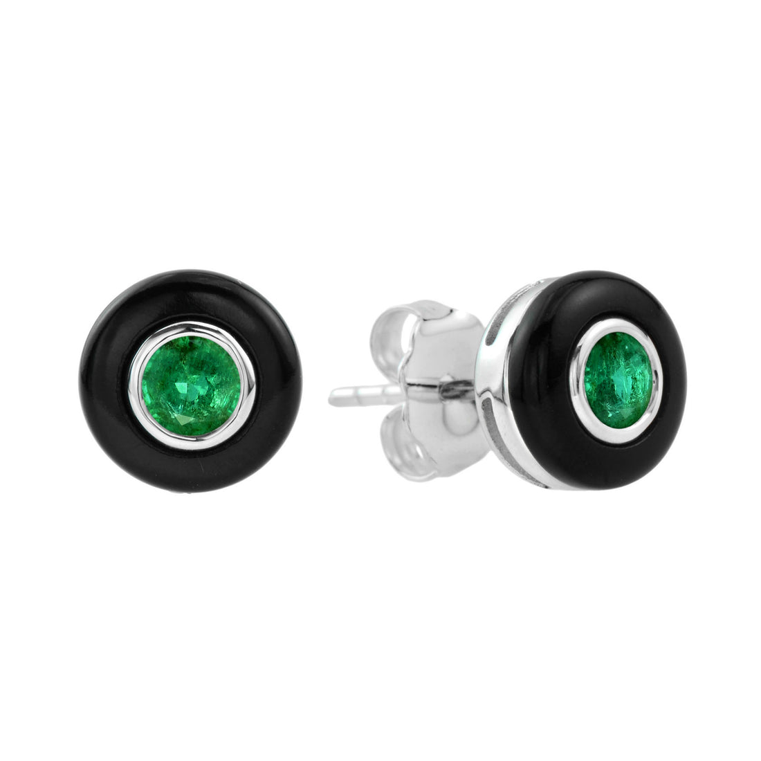 Emerald & Black Onyx Halo Antique Style Stud 14K White Gold Earrings