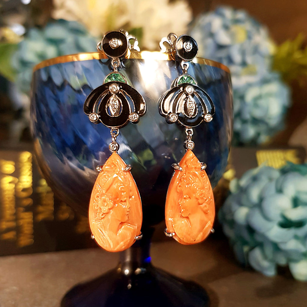 Carved Coral Diamond Emerald & Black Enamel Dangle Art Deco Inspired Earrings