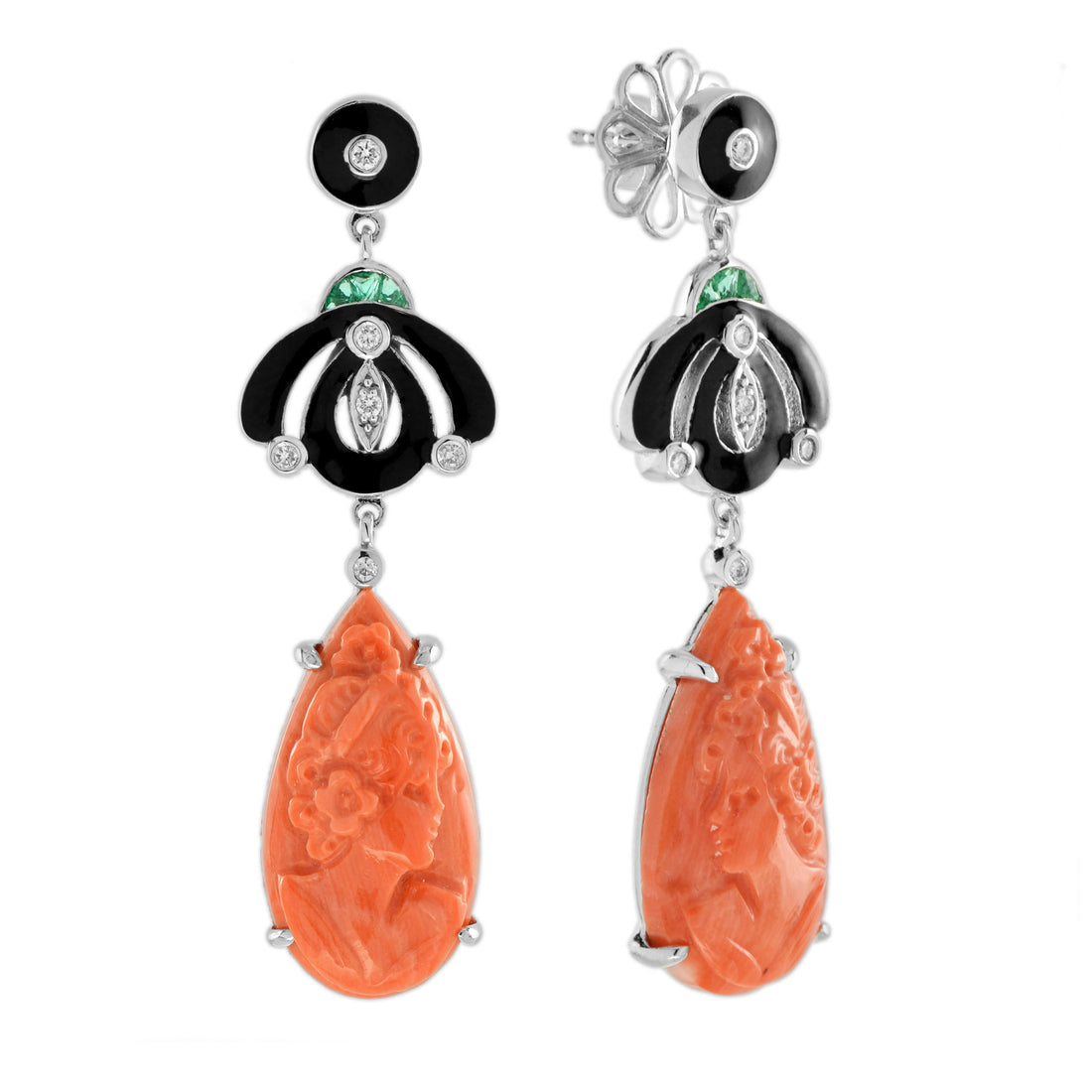 Carved Coral Diamond Emerald &amp; Black Enamel Dangle Art Deco Inspired Earrings