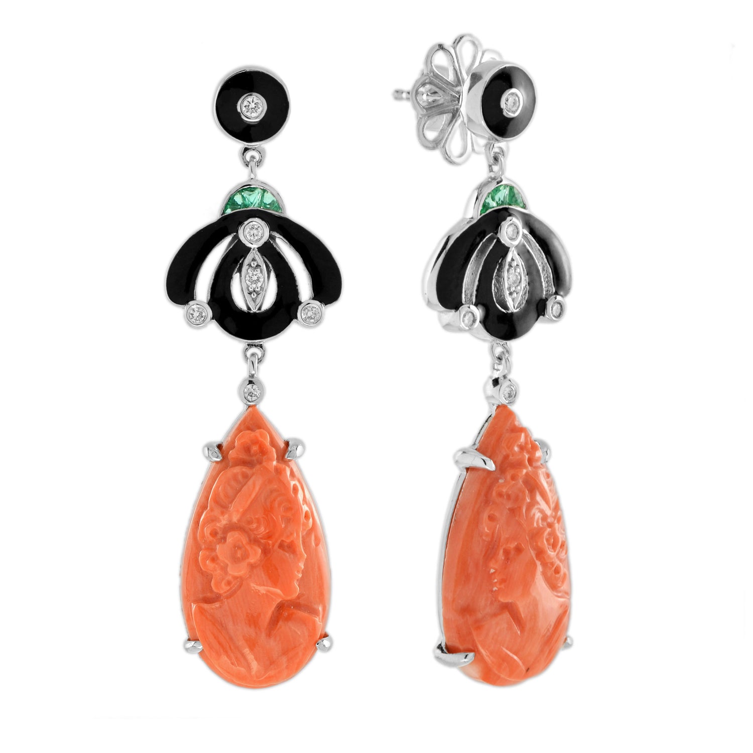 Carved Coral Diamond Emerald &amp; Black Enamel Dangle Art Deco Inspired Earrings
