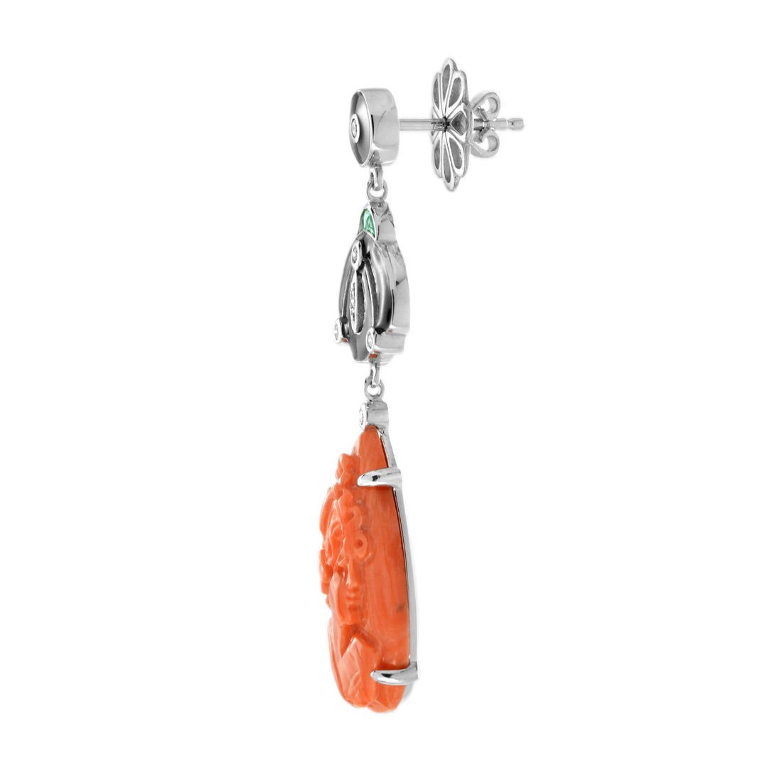 Carved Coral Diamond Emerald &amp; Black Enamel Dangle Art Deco Inspired Earrings