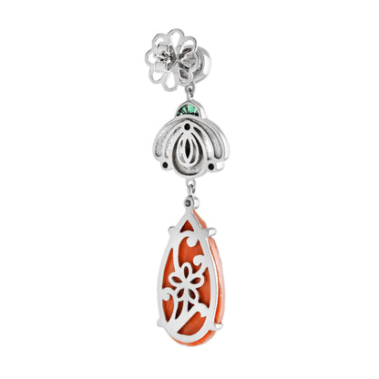 Carved Coral Diamond Emerald &amp; Black Enamel Dangle Art Deco Inspired Earrings