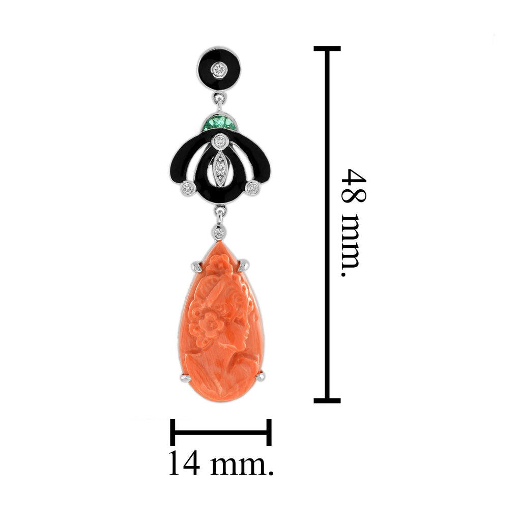 Carved Coral Diamond Emerald & Black Enamel Dangle Art Deco Inspired Earrings