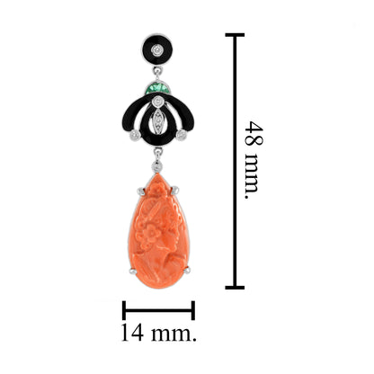 Carved Coral Diamond Emerald &amp; Black Enamel Dangle Art Deco Inspired Earrings