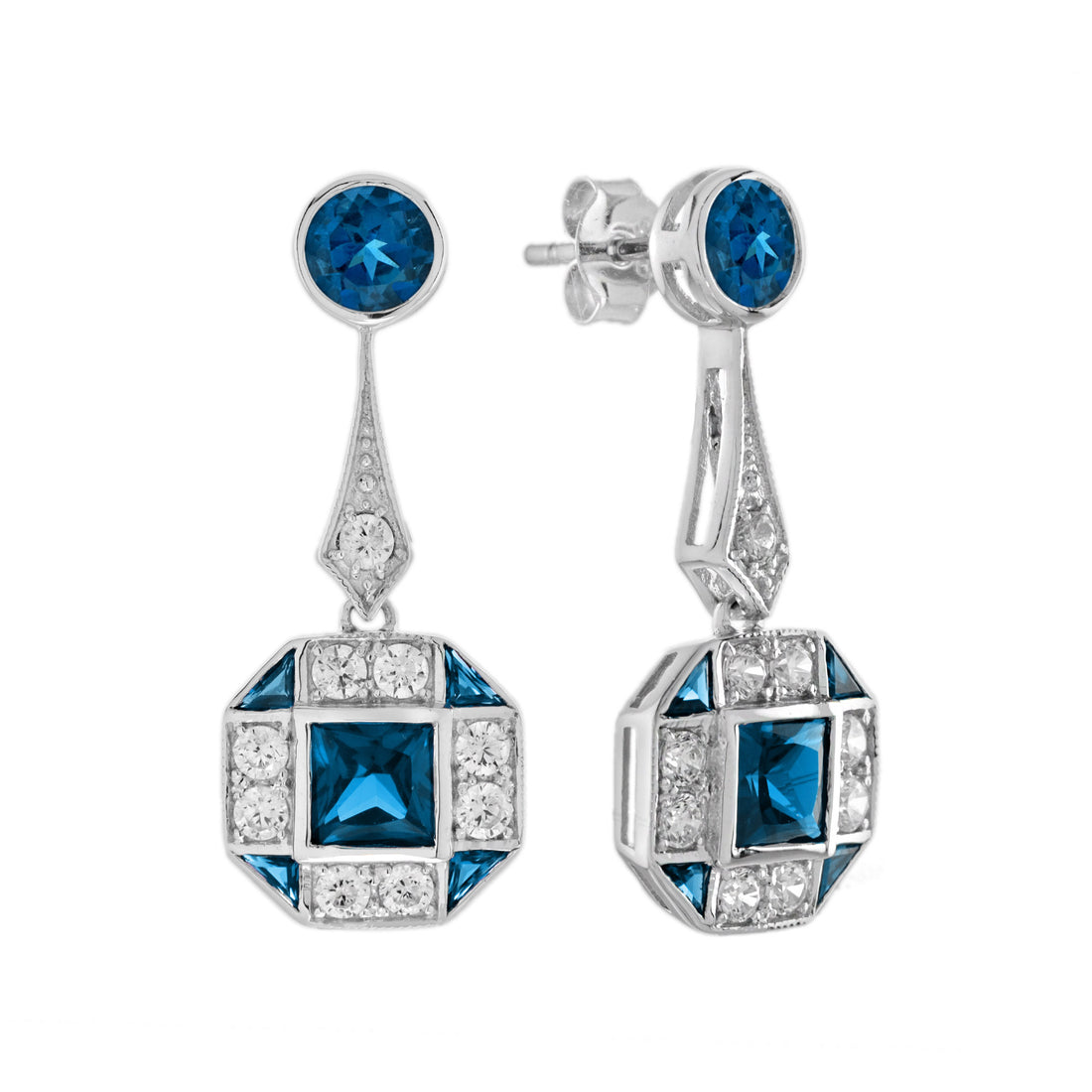 London Blue Topaz & Diamond Art Deco Style Drop 14K White Gold Earrings