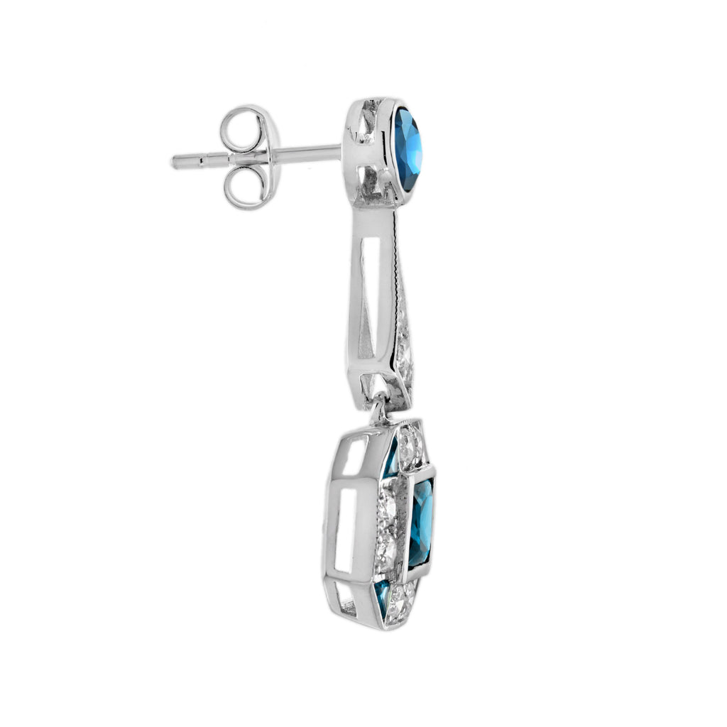 London Blue Topaz & Diamond Art Deco Style Drop 14K White Gold Earrings