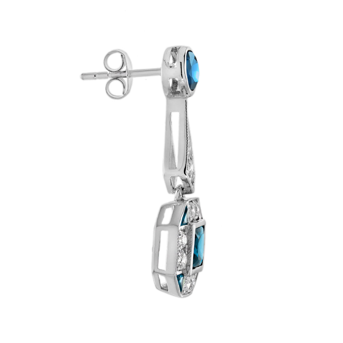 London Blue Topaz &amp; Diamond Art Deco Style Drop 14K White Gold Earrings