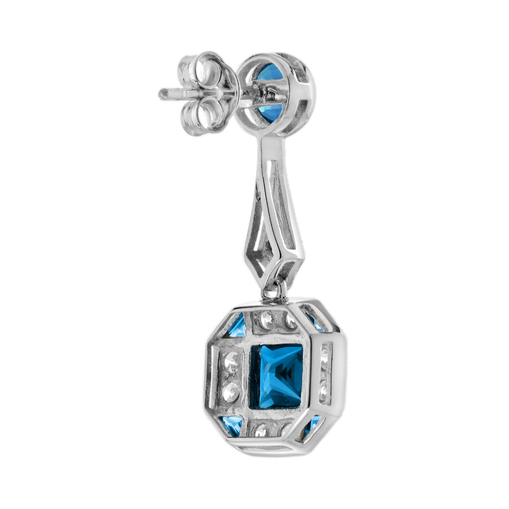 London Blue Topaz & Diamond Art Deco Style Drop 14K White Gold Earrings