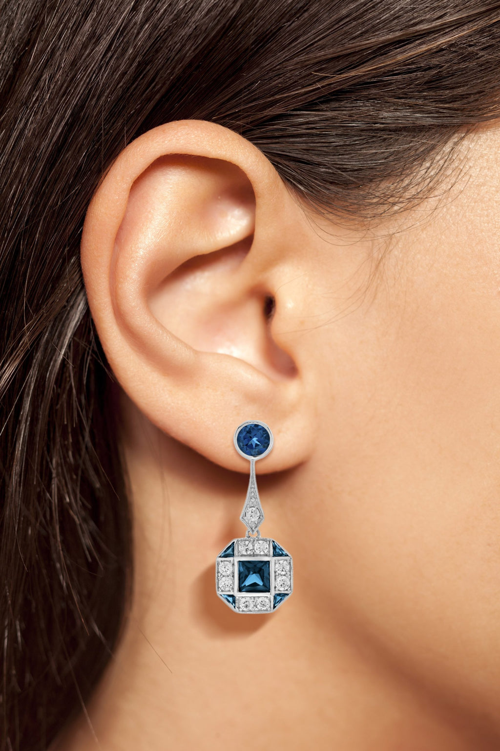 London Blue Topaz & Diamond Art Deco Style Drop 14K White Gold Earrings