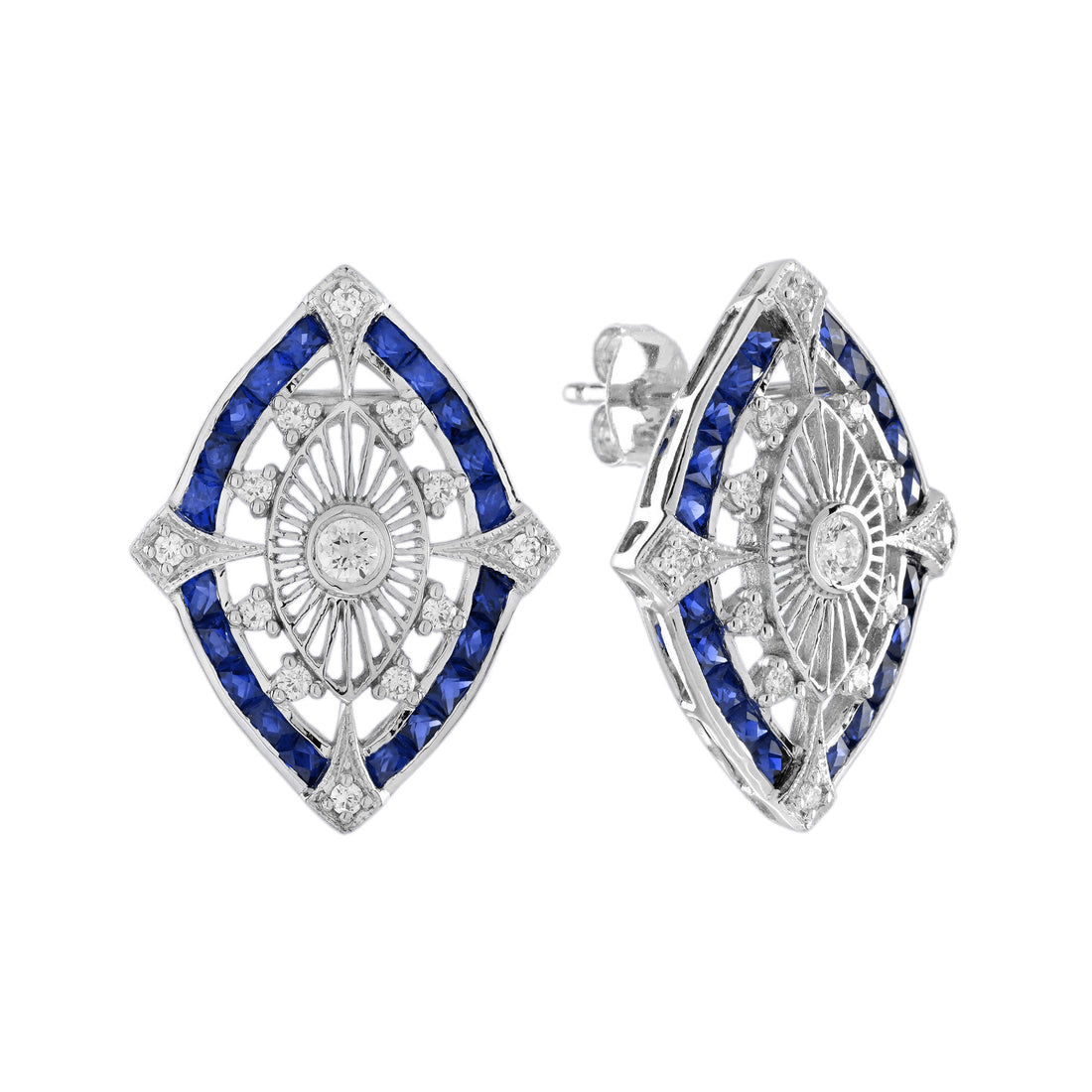 Diamond & Blue Sapphire Vintage Inspired Art Deco Style Stud White Gold Earrings