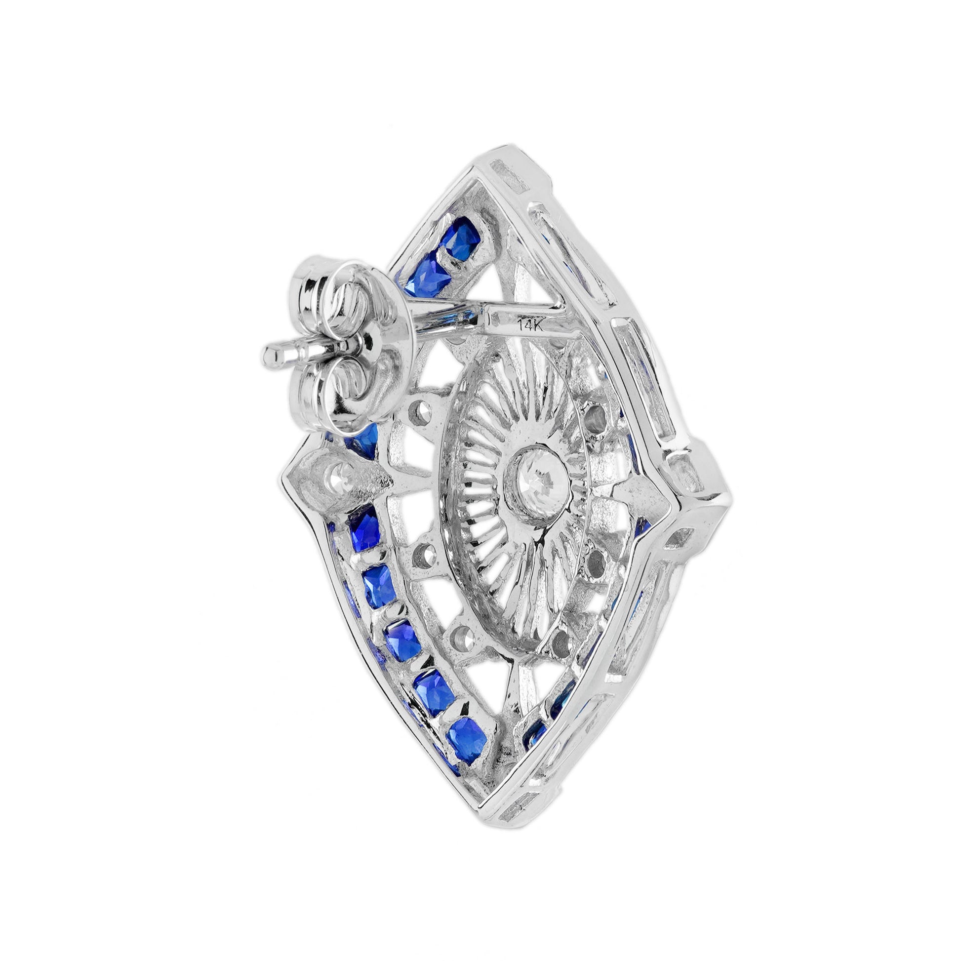 Diamond & Blue Sapphire Vintage Inspired Art Deco Style Stud White Gold Earrings