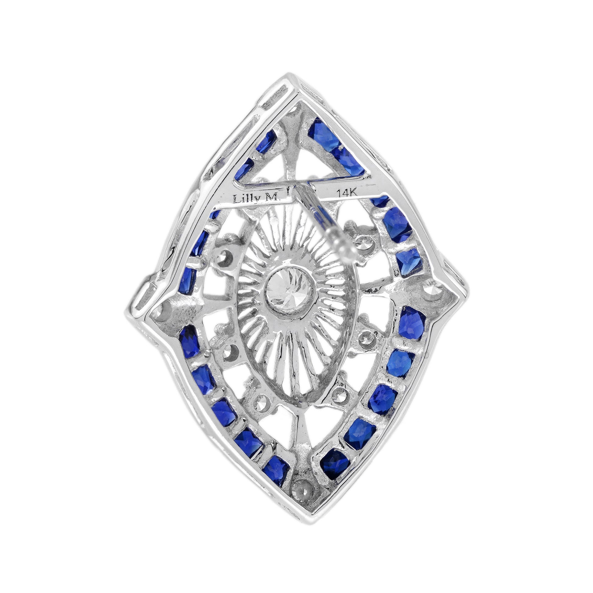 Diamond & Blue Sapphire Vintage Inspired Art Deco Style Stud White Gold Earrings