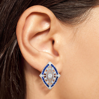 Diamond & Blue Sapphire Vintage Inspired Art Deco Style Stud White Gold Earrings