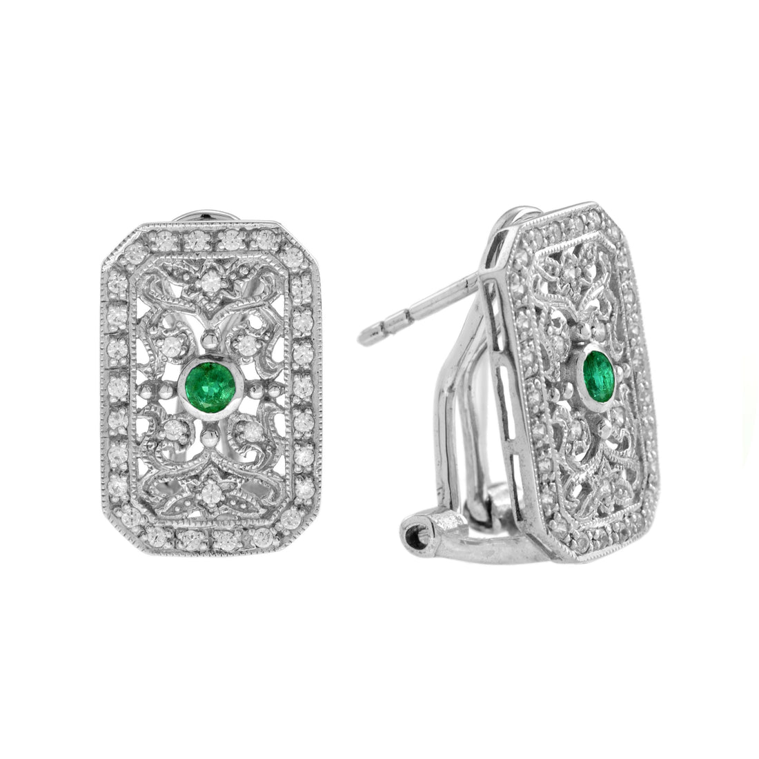Emerald & Diamond Edwardian Inspired Vintage Style Filigree White Gold Earrings