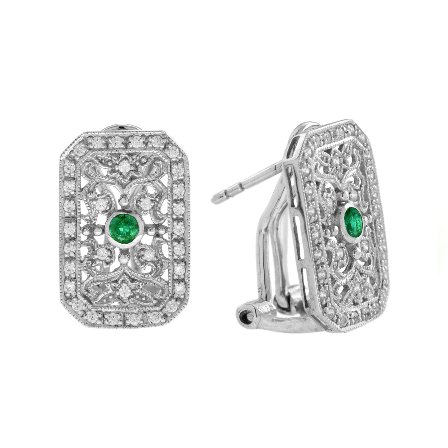 emerald & diamond edwardian inspired vintage style filigree white gold earrings